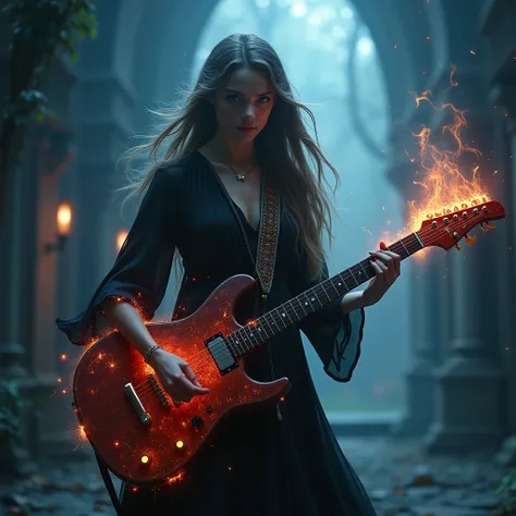 A young beautiful witch with long flowing hair, riding an electric guitar, dark and moody atmosphere, dramatic lighting, fantasy, dark magic, surreal, hyper detailed, 8K, photorealistic, cinematic, dramatic colors, deep shadows, dramatic highlights