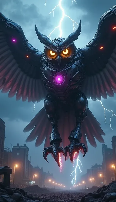 It creates a hyper-realistic animation of a gigantic owl fused with a Transformer, flying majestic and terrifying in a dark and stormy environment . The owl must be immense , with a wingspan that covers the sky , each feather designed with an intricate sys...