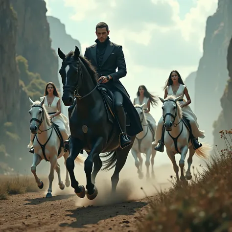 Create a "death race" picture in an equestrian context: 1 male horse rider in a black riding dress is chased by 3 female riders, which are wearing modern, white riding dresses.