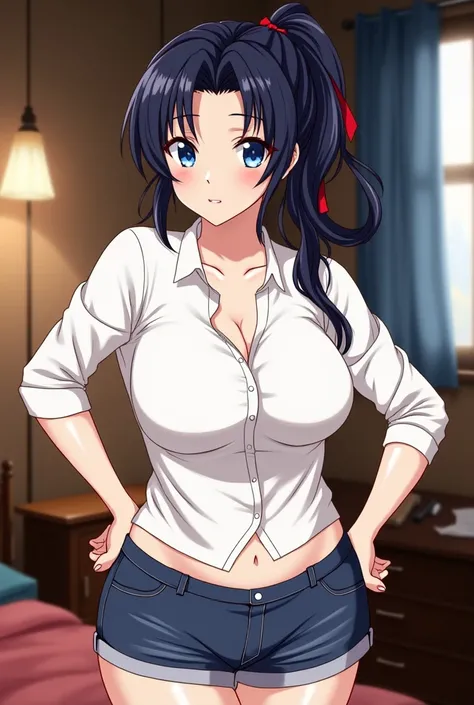 25-year-old adult woman with long blue hair tied with a ponytail and a red ribbon with blue eyes with big breasts wearing a sexy long sleeve white shirt and sexy tight blue shorts in the background of a private anime-style bedroom