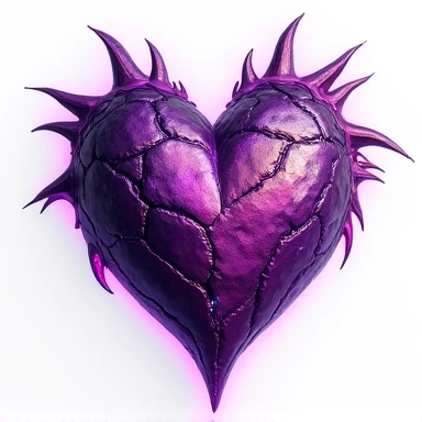 Against a white background, a vibrant purple dragon heart appears. It has a robust, irregular shape, with a texture that combines scales and pulsating veins, reflecting the mystical essence of a dragon. The purple hue varies from darker tones to soft glows...