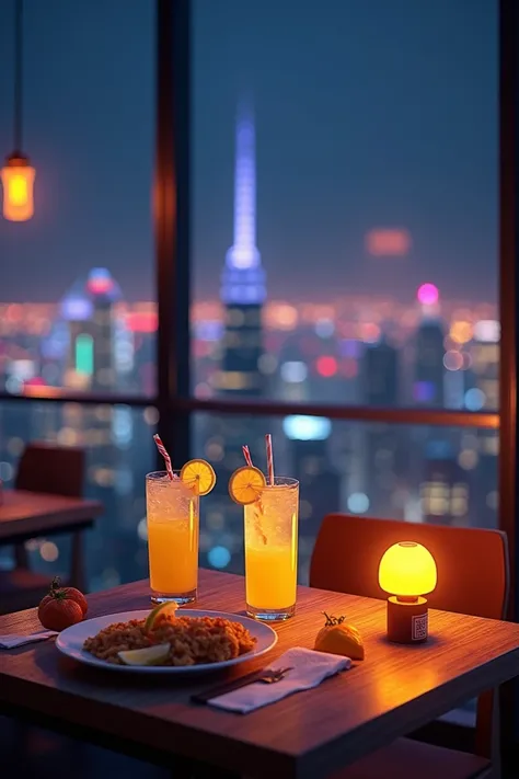 A rooftop restaurant with a night-time cityscape view in the background, showing colorful lights and high-rise buildings. The foreground features a wooden table with glasses of lemonade, each with ice cubes, straws, and a lemon slice inside. A small illumi...