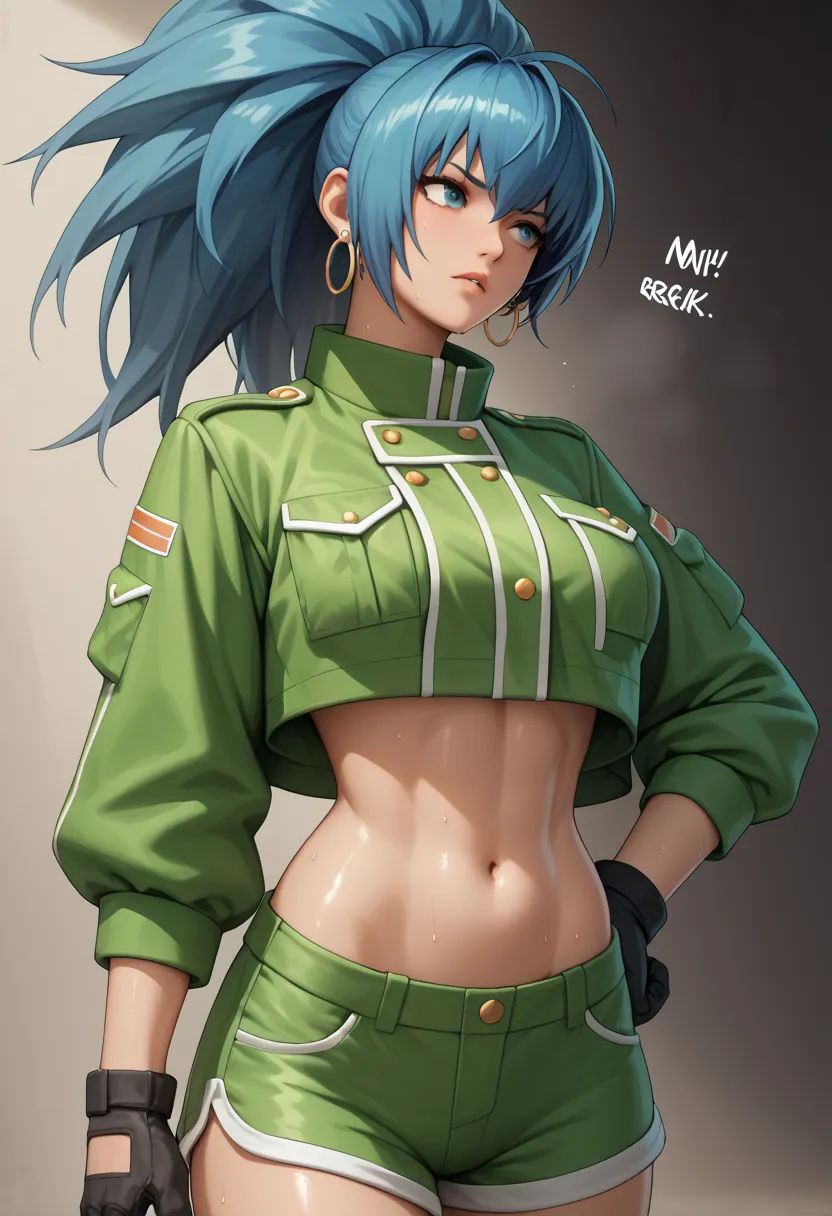 BREAK 1girl,cute,{{slender}},beautiful detailed breasts,shiny skin,{{{beautiful detailed breasts}}},{gleaming skin},{shiny skin},Sweat, BREAK 1girl,leonakofdg , green shorts, midriff, crop top, black gloves, military uniform, green jacket, earrings, jewelr...