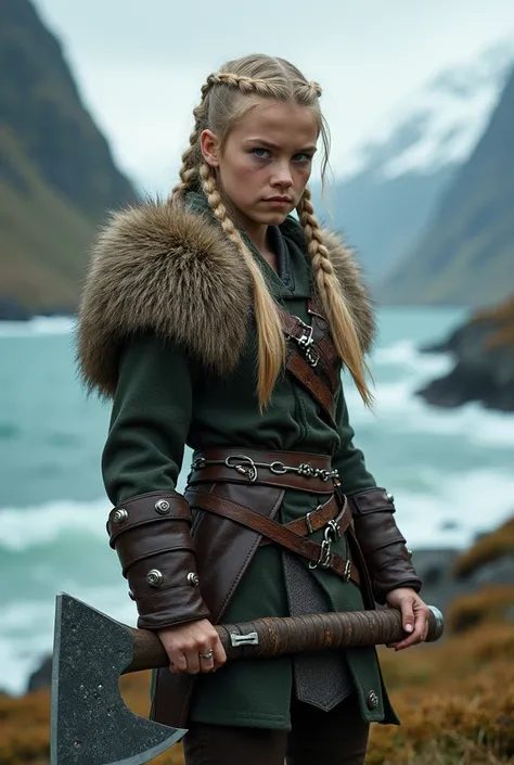 A blonde teenage girl with braids and green eyes holding an axe and wearing realistic-style Viking clothes 
Aggressive
