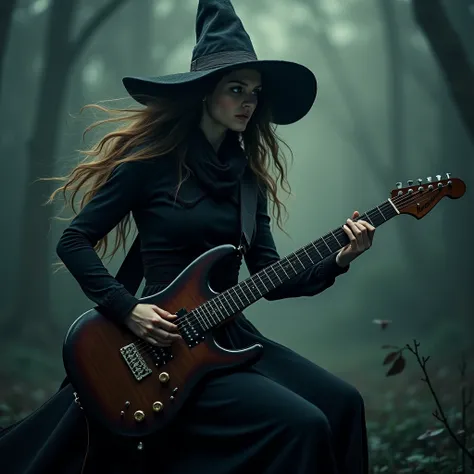 A young beautiful witch with long flowing hair, riding an electric guitar, dark and moody atmosphere, dramatic lighting, fantasy, dark magic, surreal, hyper detailed, 8K, photorealistic, cinematic, dramatic colors, deep shadows, dramatic highlights