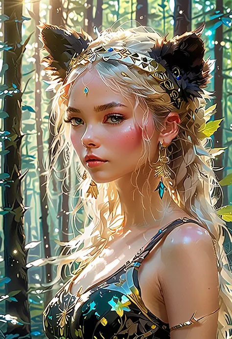 Embraced with a cute little evil alien bear in a dark forest at the same time animation style 2 . 5D manga niji6 strong traits oil ink art super details in art Nordic sexy girl hair mohawk in L pointed blonde neon + Athena tight tight t-shirt top with blac...