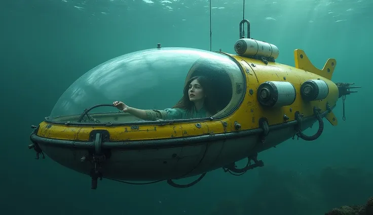 A futuristic, sci-fi mini-submarine with a mechanical arm and a glass dome. There are yellow parts on the submarine and white oxygen tanks. Inside this dome, you can see the silhouette of a woman. The submarine is in the depths of the sea. The environment ...