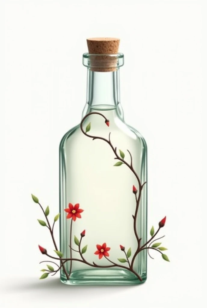  Portable square bottle ,  the material of this bottle must be glass and for the design it must have a white background with a vine and red flowers. In the center of the bottle, leave a space to place a . 