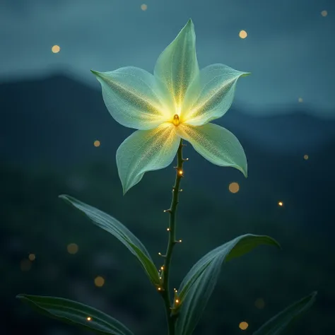 An ethereal, mythical flower named Smeraldo, glowing softly under moonlight. The flower has a structure reminiscent of an orchid, with delicate, translucent petals shaped like wings. These petals exhibit an emerald-green hue, fading into soft silver and bl...