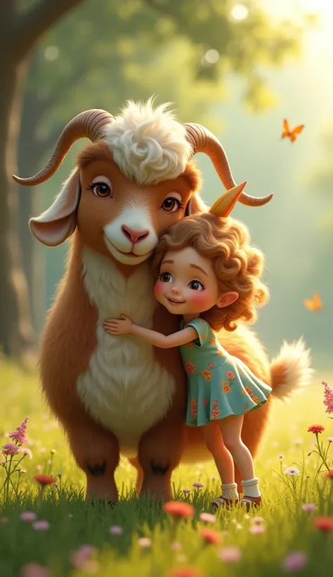 Here is a detailed prompt:

"A Heartwarming Moment:  and Gentle Goat"

Create a highly realistic, 4K-quality image of a young girl (4-) warmly embracing a majestic, fluffy goat with beautiful, curly brown and white fur. The goat should be significantly lar...