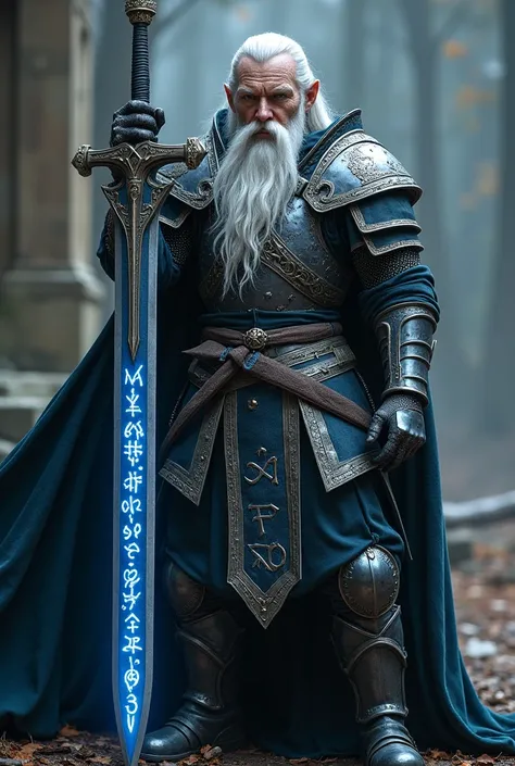 An elf knight man with silver hair, blue eyes, white skin, barbe de trois jours une épée a deux mains accrocher a la ceinture avec des rune gravé bleuté dessus ainsi quun armure nordic du nord 