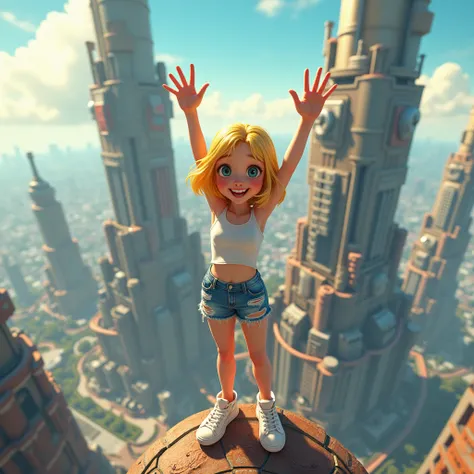 masterpiece, high quality, best quality, highly detailed, insanely detailed, hyper realistic, 4K, 8K, 16K, steampunk, daylight, wind, Bird’s eye view, full body shot, cute girl waving hands on top of a tall tower Smile, blonde short bob, white tank top, di...