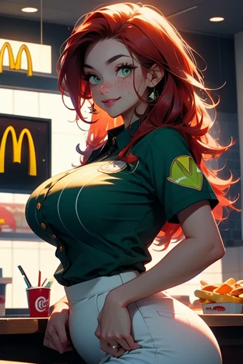 Masterpiece, 1 girl, redhead, huge breasts, wide hips, freckles, green eyes, big breasts, round ass, McDonalds uniform, slutty, smile, cute face, flirting