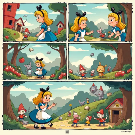 Belgian cartoonist Hergé Style, Alice in Wonderland, colorful and fun illustrations, active drawings.