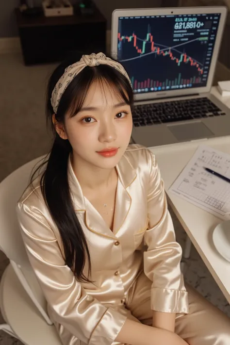 A 28-year-old female CEO of a Singapore listed company. She has an oval face, big breasts, and no makeup. She has fair skin, dark brown chest-length straight hair in a ponytail, a headband, and a high-end fashion brand LV silk long-sleeved pajamas. She sit...