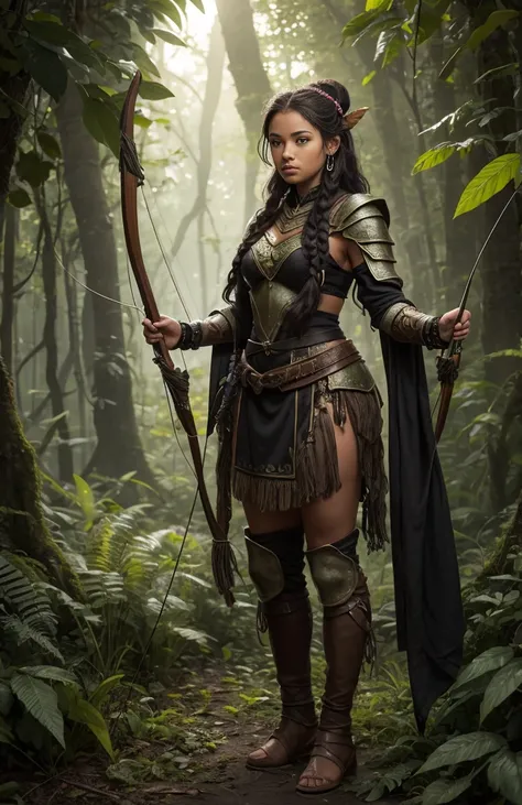 (a high-resolution, realistic) (((Light skinned))) (((black girl))), druid in the style of Dungeons and Dragons, holding a bow, with the bow drawn and taking aim at an orc. The girl is dressed in armor made entirely of leaves.

Additional details: The girl...