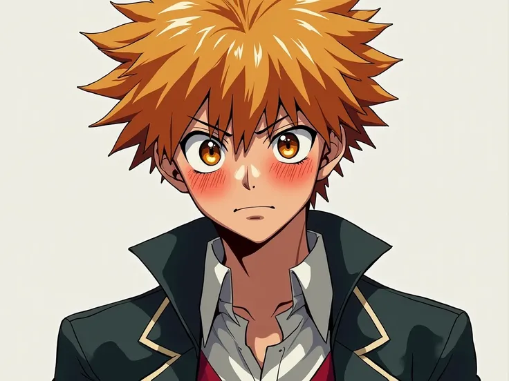 Bakugou Katsuki in the UA uniform with a frown crestfallen and with a remarkable blush.