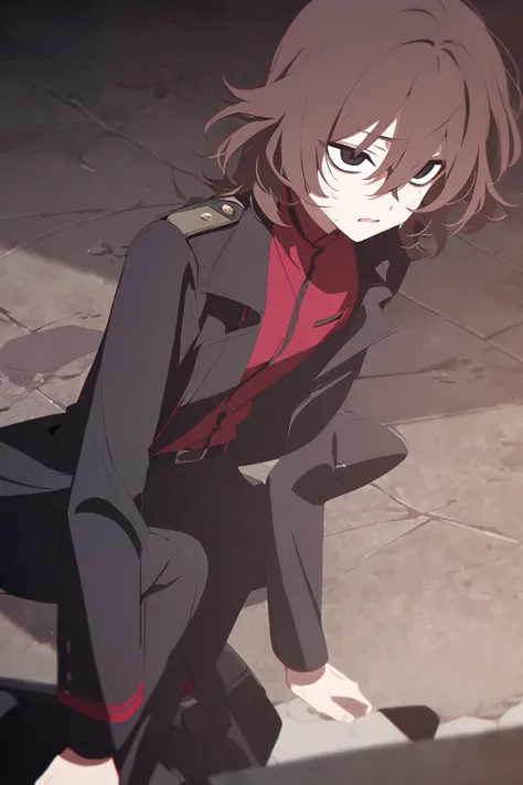 1boy,  brown hair,  medium length hair,  Sloppy hairstyle ,  Shoulder-length hair,  Black eyes ,  red shirt, black jacket, black trousers, black shoulder coat  