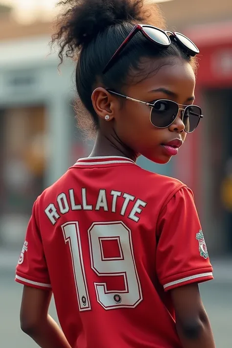 A dark skinned girl wearing a Liverpool jersey written Rollatte at the back and has number 19  at the back wearing Jordan 4 with pink lips and wearing shades and a black short 