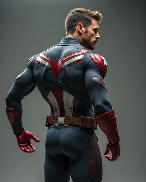 chris evans evil clone named Mark, 8k realistic male, He is wearing a tight spandex captain america suit, muscular body, huge behind, big butt, make the butt bigger, giant butt, 200%bigger butt, butt is way bigger than the body