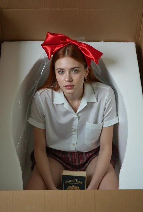 Imagine a beautiful adult russian woman with red hair, Beautiful and realistic face, in school blouse and plaid schoolgirl skirt, In black shoes, cold look, with earrings and necklace, that is covered in plastic, with a gift bow on her head, sitting inside...