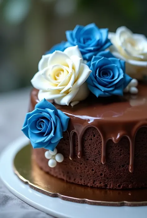 Chocolate cake with white and blue roses