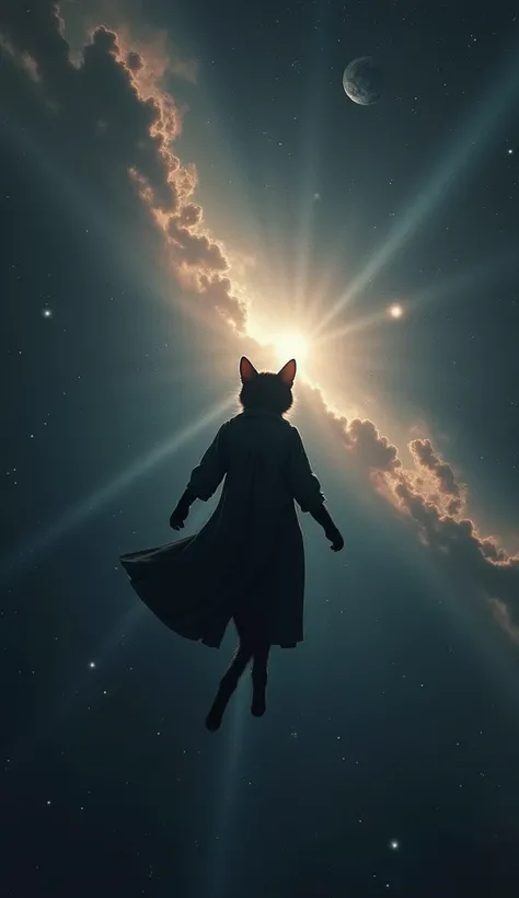 An atmospheric and cinematic scene of a vast, dark cosmos, featuring an anthropomorphic cat in a flowing robe, viewed from behind at a low angle, mimicking the position of freefall or flight. The cats body is extended with its arms and legs slightly bent a...