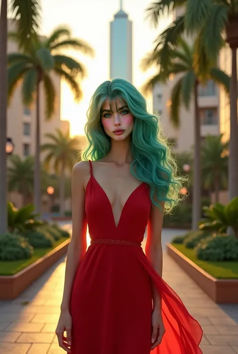 Russian woman, white porcelain skin, teal hair color, full-body view, mulher extremamente linda, standingn, frente, on a beautiful street with lots of palm trees and vegetation, ((grass green eyes)), (((perfect eye))), (((redhead))), ((red)) Evening gown, ...