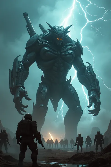 Create an extremely angry strong giant alien with space weapons, muscular army clothes behind them and lightning is coming out lightning bolts the sky is dark and bright