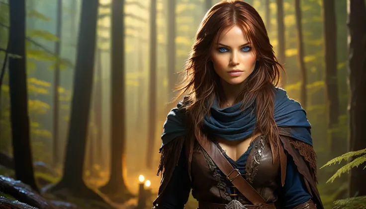 Highly detailed, realistic fantasy art. A stunningly beautiful and fierce female bandit stands confidently in a dimly lit, mysterious forest. She exudes a rebellious aura with her long, flowing auburn hair and piercing blue eyes that sparkle with defiance....