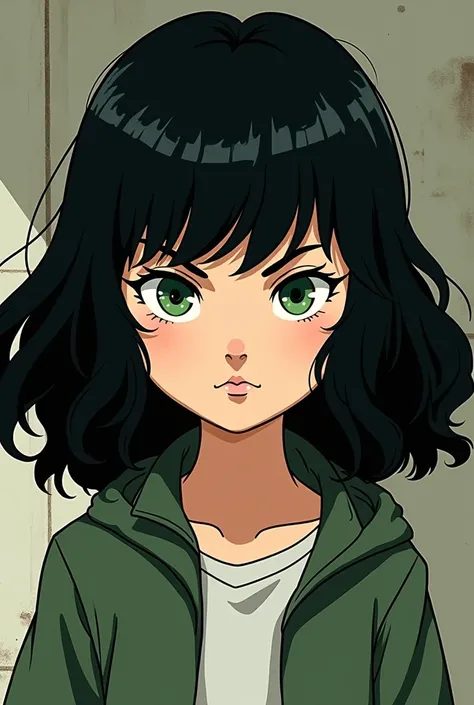 Make me a picture of a black-haired girl,  green eyes and pale skin . in the style of the series, The Boondocks