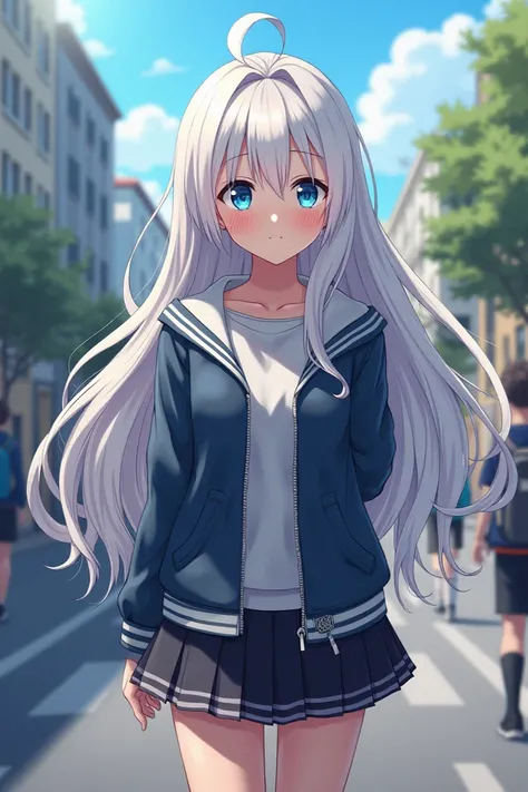 ((best quality)), ((masterpiece)), (detailed), perfect face Painel Quadrinhos Boku no Hero Academy:  Girl with long hair, white and wavy , blue eyes, , walking on the street