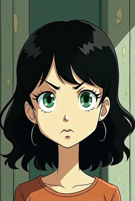 Make me a picture of a black-haired girl,  green eyes and pale skin . in the style of the series, The Boondocks