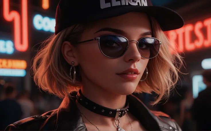 Close-up do rosto, Alternative girl,  looking over black sunglasses , jacket, collar,  neon light reflections on the skin, earring, makeup,  skin imperfections ,  short hair, hat, neon light background , low light,  depth of field , highly detailed,  high ...