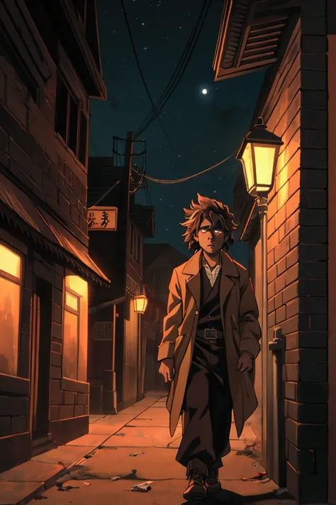 A man with brown skin, straight, spiky and messy hair, wears a newsboy jacket, has ugly and misaligned teeth, typical 1920s clothes, scary, lifeless white eyes, dark circles around them, clawed hands. At night on a deserted sidewalk and a lit street lamp. ...