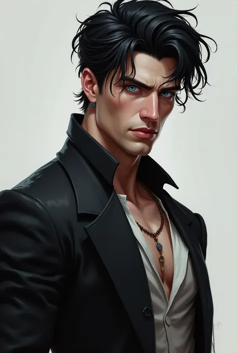  A Man character that has a sharp, angular face with chiseled features. He has a prominent chin, high cheekbones, and penetrating blue eyes. His hair is a tousled, dark black, falling in soft waves around his head. He has a lean, athletic build, with broad...