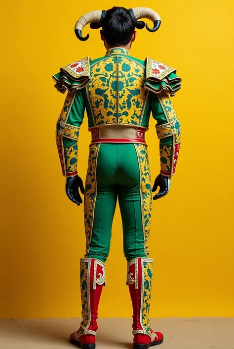 Create an image showing the bullfighters costume with yellow colors, white and green, that the fabric is complete in the image as if it were a pattern .  Please make sure that the image is 300 dpi and that it is the vertical design that you can download an...