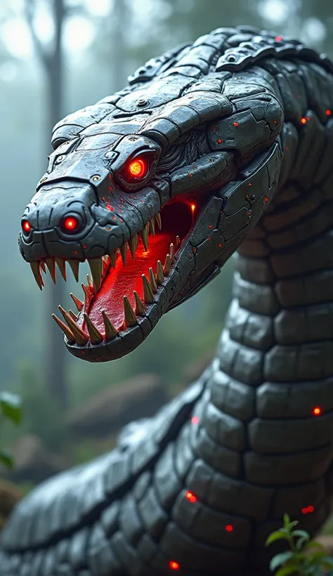  Creates a hyperrealistic animation of a giant anaconda fused completely with advanced technology  ,  transformed into an extremely terrifying colossal machine  .  The anaconda must be enormous  ,  with a body that exceeds the size of any natural creature ...