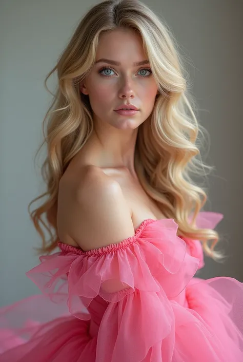 Blonde woman in realistic pink dress 