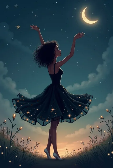 1 femme, petite, Cheveux noirs frisés courts, danse, les bras levés, robe noire avec étoiles, dans un style Illustration et couleurs douces, effets speciaux silhouette, sous un ciel étoilé avec lune