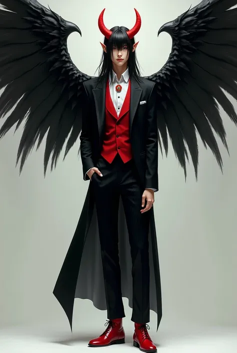 Young oriental man  ,  long hair and bangs ,  wearing black suit red jewelry,red horn and black wings and red shoe, full body image 