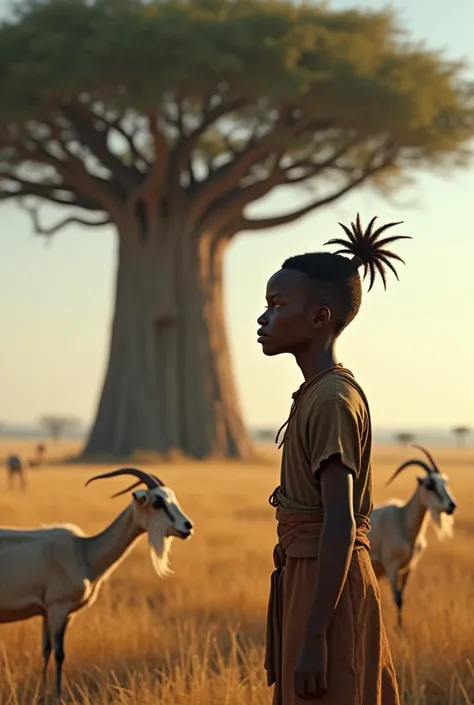 Image : Mohlo, un jeune berger africain, garde ses chèvres près du baobab. Gros plan sur son visage curieux lorsquil entend une voix mystérieuse provenant de larbre.