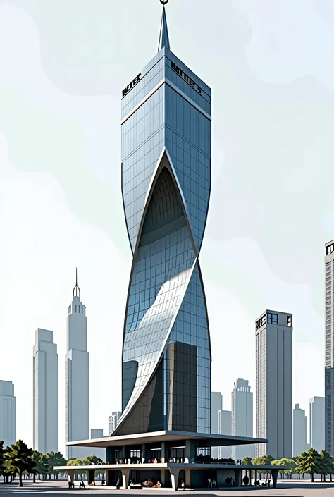 "A tower approximately 100 meters tall and 30 to 50 meters wide, with a modern design shaped like a twisted rectangle. Two of its sides are entirely transparent, while the other two are opaque. The base consists of two floors of rotated rectangular platfor...