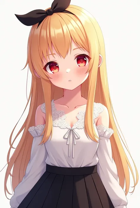 drawing of a loli girl with long straight blonde hair and red eyes, wearing a white lace shirt, black pleated skirt and a small bow on her head