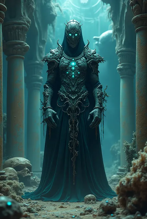 A Medium shot of a chilling non-human figure looms within the ruins of a long-forgotten sunken temple, illuminated by the faint, eerie glow of bioluminescent flora. Completely masked, the characters visage is concealed by a polished black pearl-like helmet...