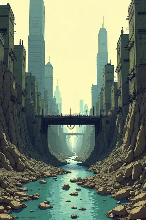 Create a drawing of a wasteland, a half destroyed big bridge that divides two cities, theyre both half destroyed, skyscrapers and giant building all half destroyed, a river is passing down the bridge, in a manga style