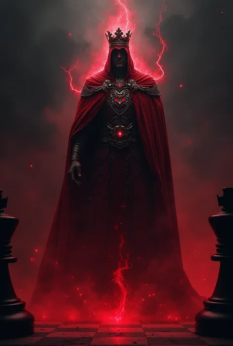 The red king fron chessboard game in full darkness