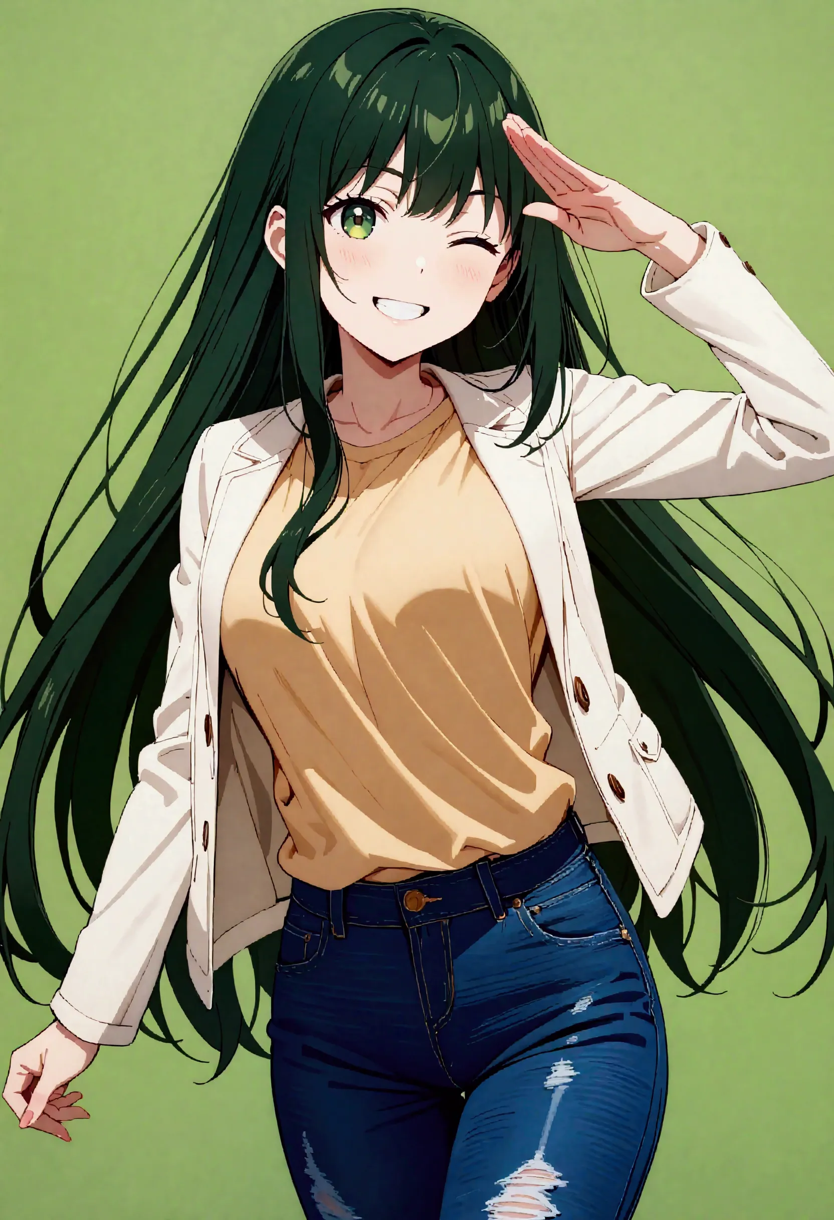 (masterpiece),(simple dark green background:1.1),smile,closed one eye,teeth:0.7,cowboy shot,(solo lady),(17-year-old),(shiny dark green hair),(dark green eyes),(straight long hair),[breast:0.6],(casual jacket),Tshirt,denim pants,Salute with one hand、