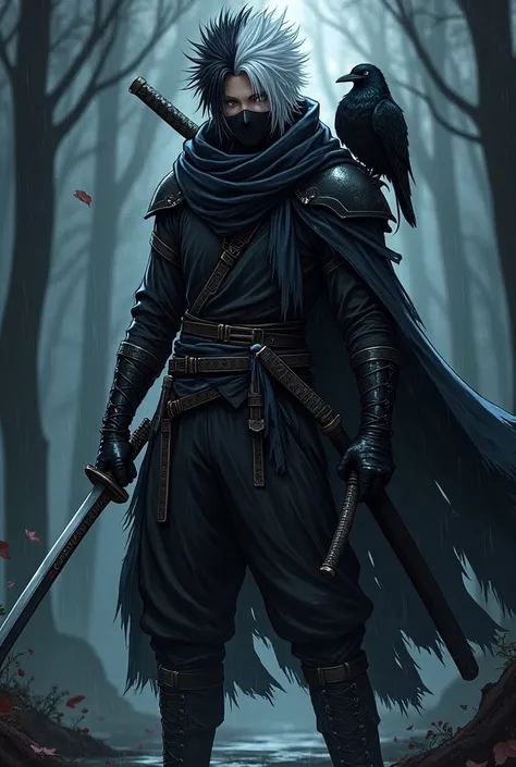 Anime boy who is a ninja, a raven sits on his shoulder, medium length hair, half black hair, half white hair, hair spiked and long, dark eyes, sharp eyes, wear two katanas, wear a ninja outfit and armor and gloves, wearing a tattered black cloak, dark hood...