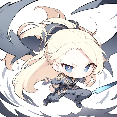 1boy, extra long hair, loose hair, bangs stabbed back, diagonal bangs, strand of hair, hair combed back, hair pulled back, blond hair, blue eyes, white pupils, military jacket, belt, wide black pants, boots, small torn wings.